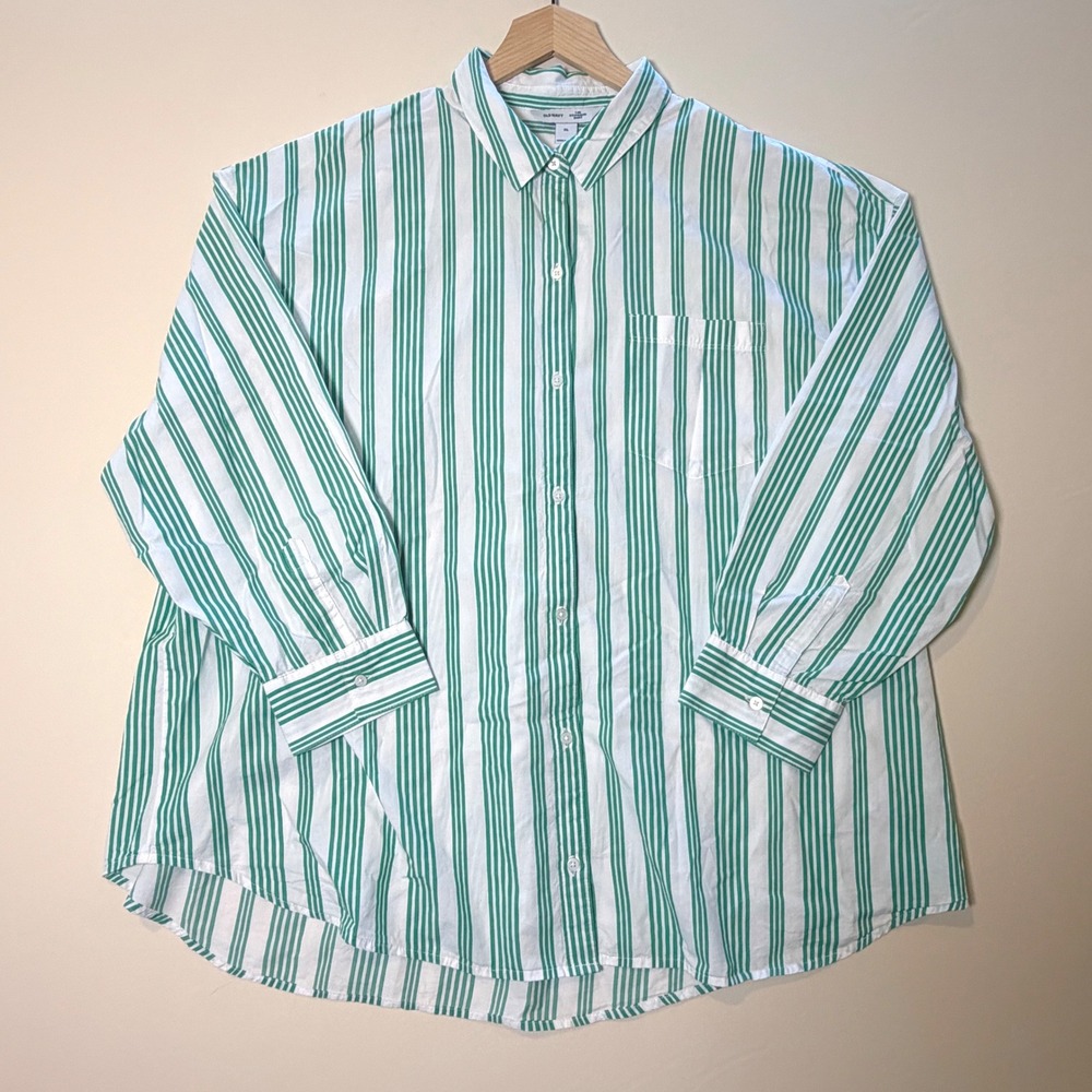 Old Navy The Boyfriend Shirt XL Green White Striped Oversized Button Down Top